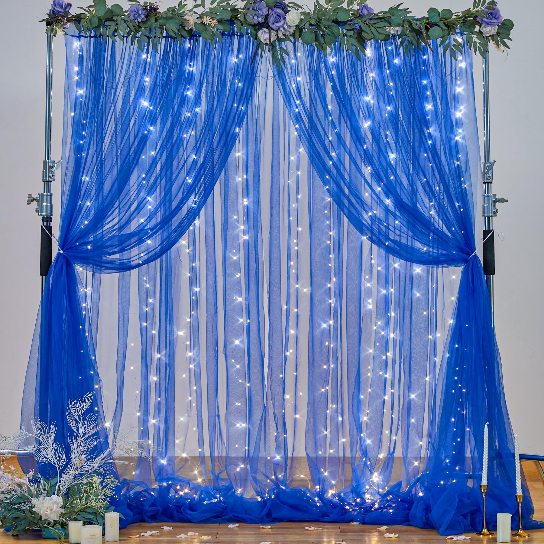 Royal Blue Backdrop Curtains with Lights String for Parites Wedding 10  8ft Sheer Tulle Backdrop Curtain for Graduation Ceremony